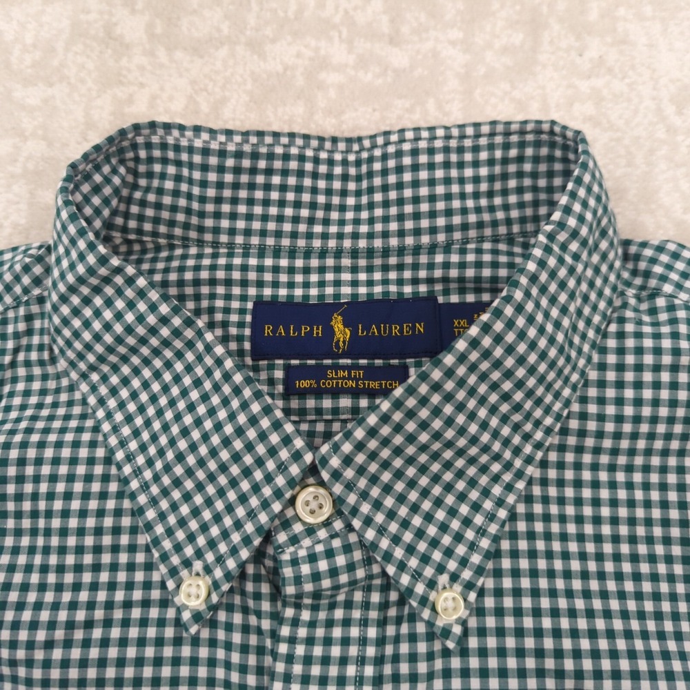 Ralph Lauren Button Down Shirt Mens XXL Green Gingham Slim Fit Stretch Pony - Picture 4 of 10